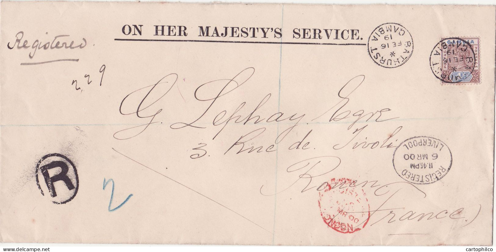 Gambia Registered Cover 4c Bathurst MAR 00 Error In Cachet 1919 For Lephay Rouen France - Gambie (...-1964)