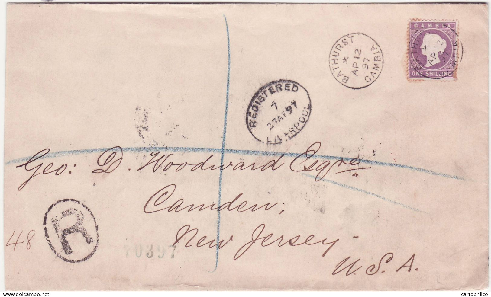 Gambia Registered Cover With Cameo 1s 12 AP 1897 Bathurst For Camden New Jersay USA - Gambie (...-1964)