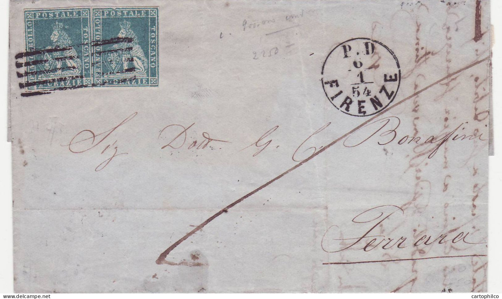 Italy Firenze Florence Tuscany Lovely Cover With 2 Blue Stamp Definitives For Ferrara 1854 - Toskana