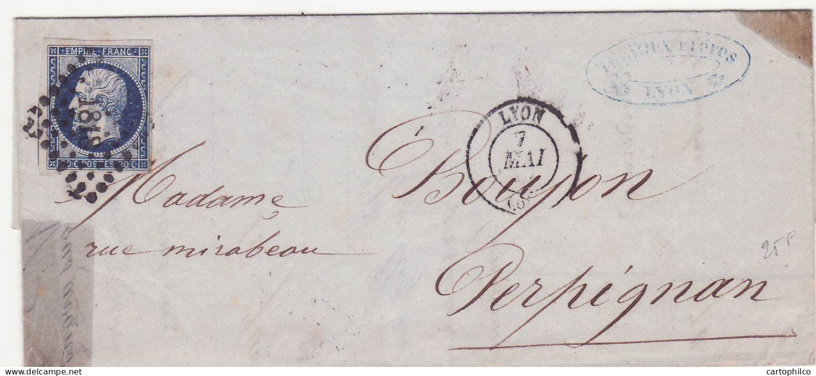 France Lettre Avec Napoleon 20c Oblit� Lyon 1856 Pour Perpignan - 1853-1860 Napoleon III