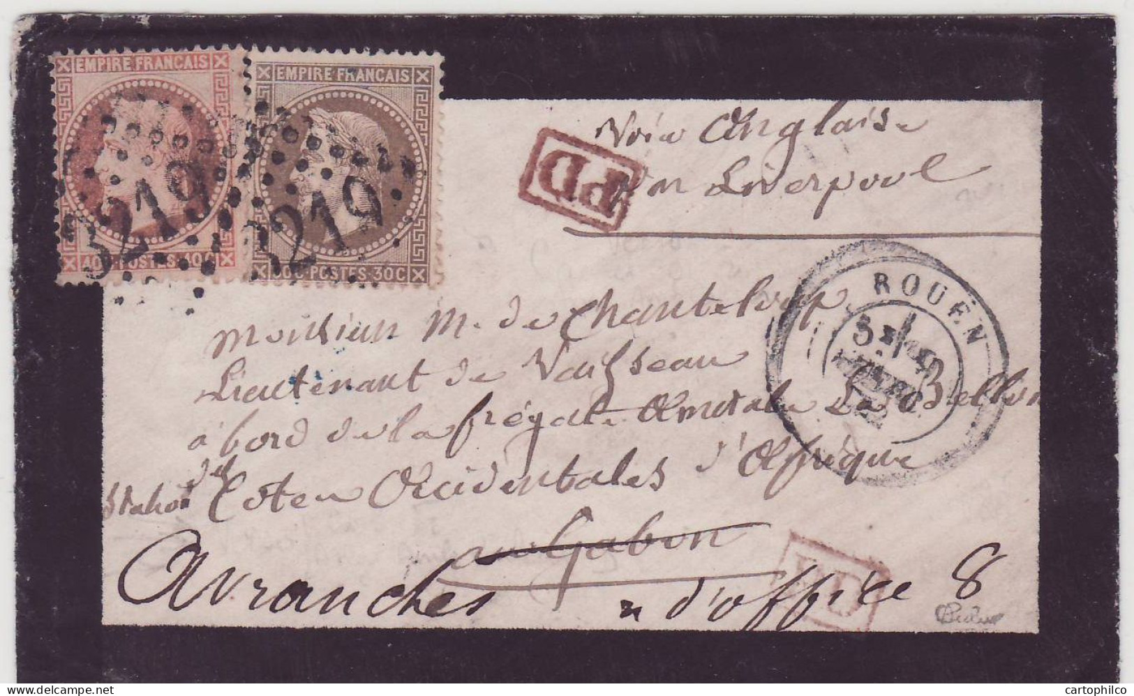 France Lettre De Deuil Napoleon Laure 30c + 40c Rouen 1872 Pour Gabon Via Liverpool Avranches Lorient Quimper GC 3219 - Lettres & Documents