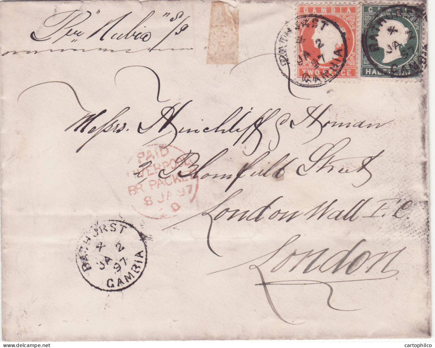 Gambia Cover 2p + 1/2p Per Nubia Bathurst 1897 For London - Gambie (...-1964)
