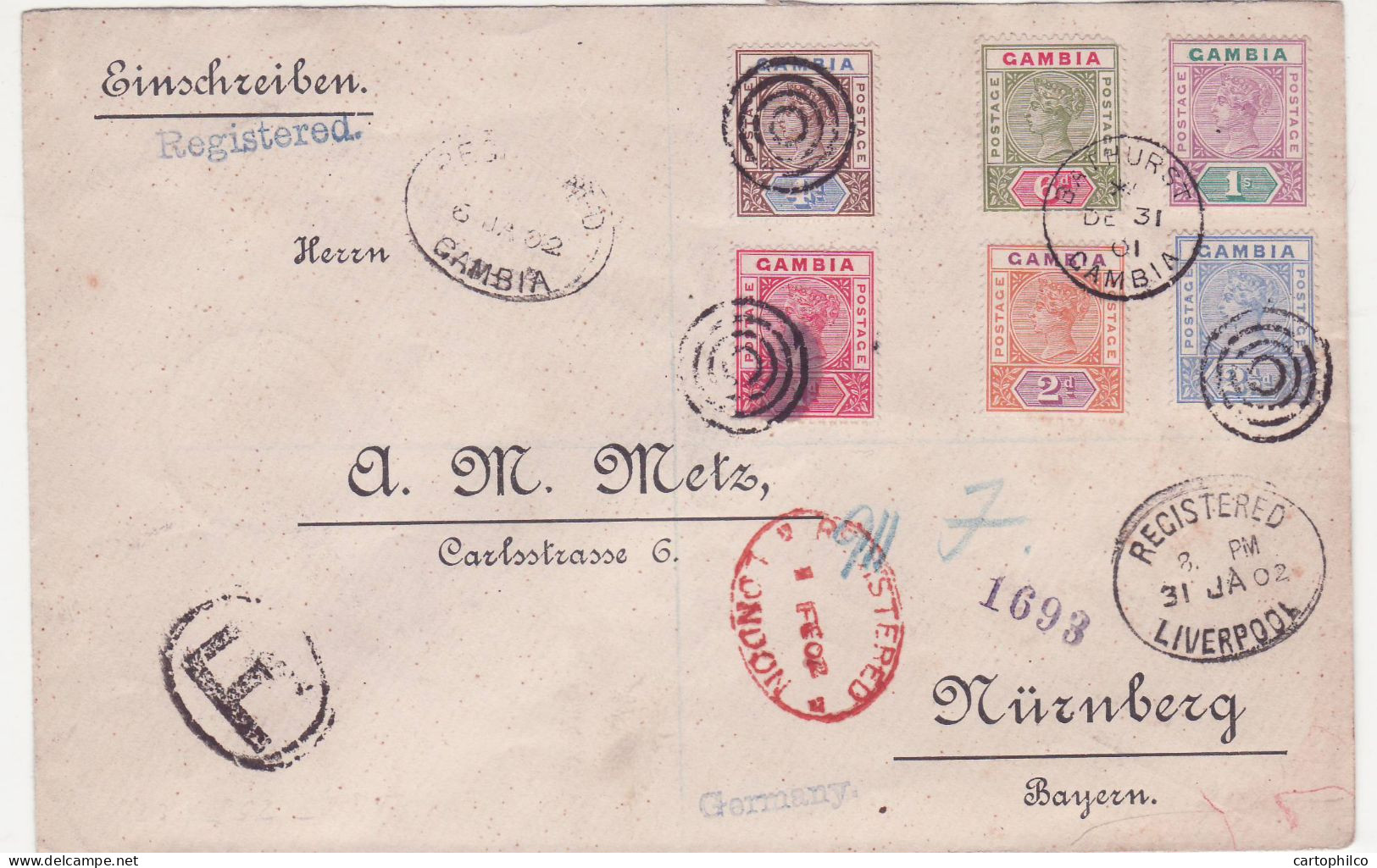 Gambia Registered Cover With 6 Tablet Values Victoria 31 DE 01 For Nurnberg Bayern - Gambia (...-1964)