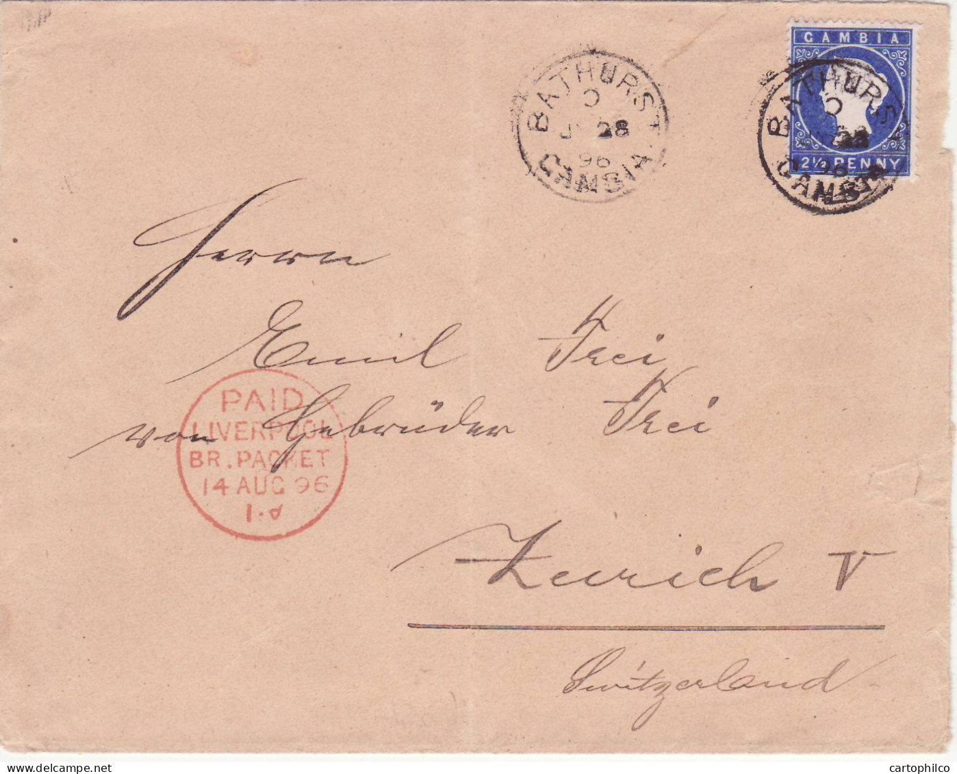 Gambia Registered Cover 2 1/2d Bathurst 1896 For Zurich Switzerland - Gambie (...-1964)