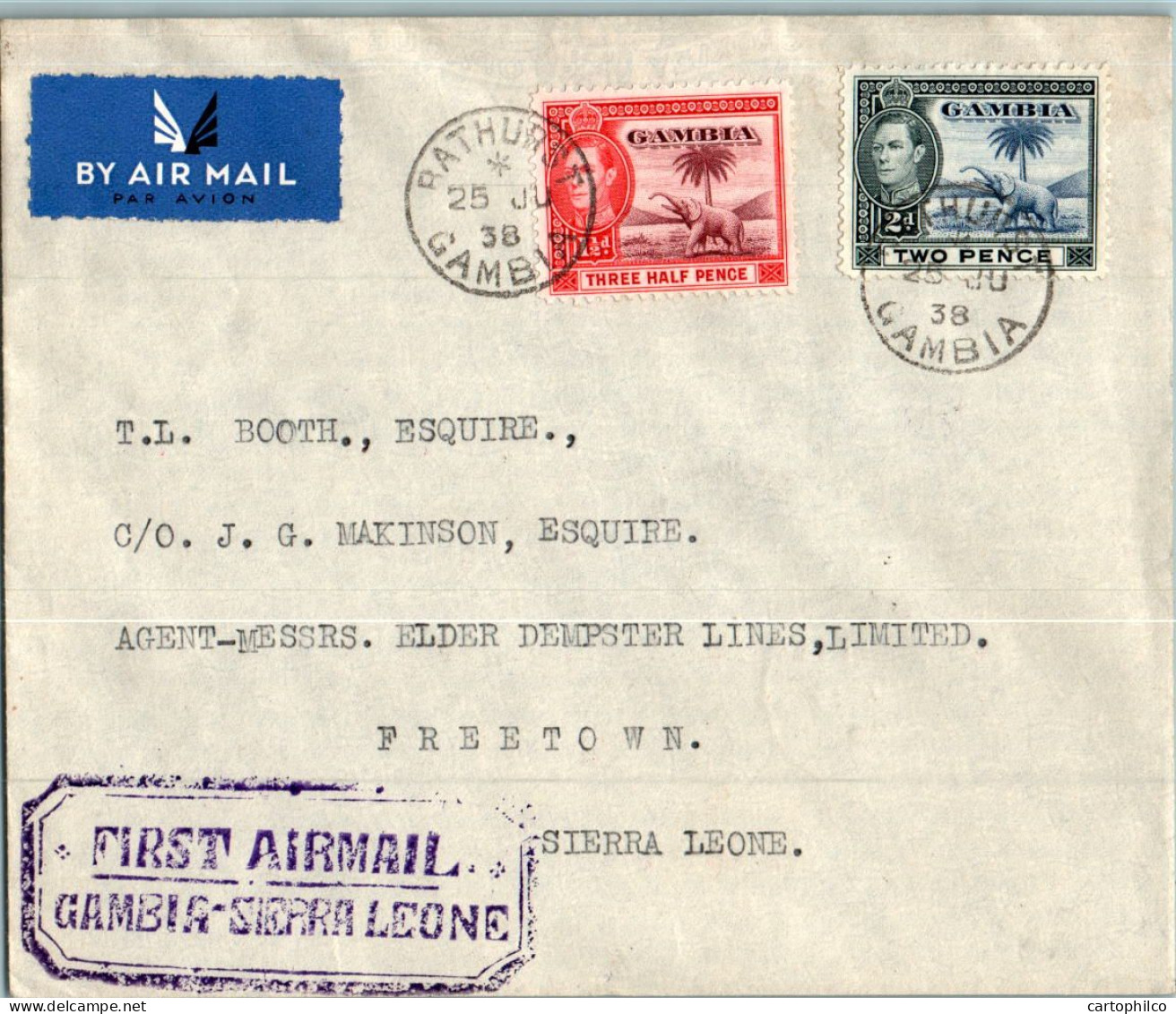 Gambia Air Mail Cover Bathurst 1938 For Freetown Sierre Leone - Gambie (...-1964)