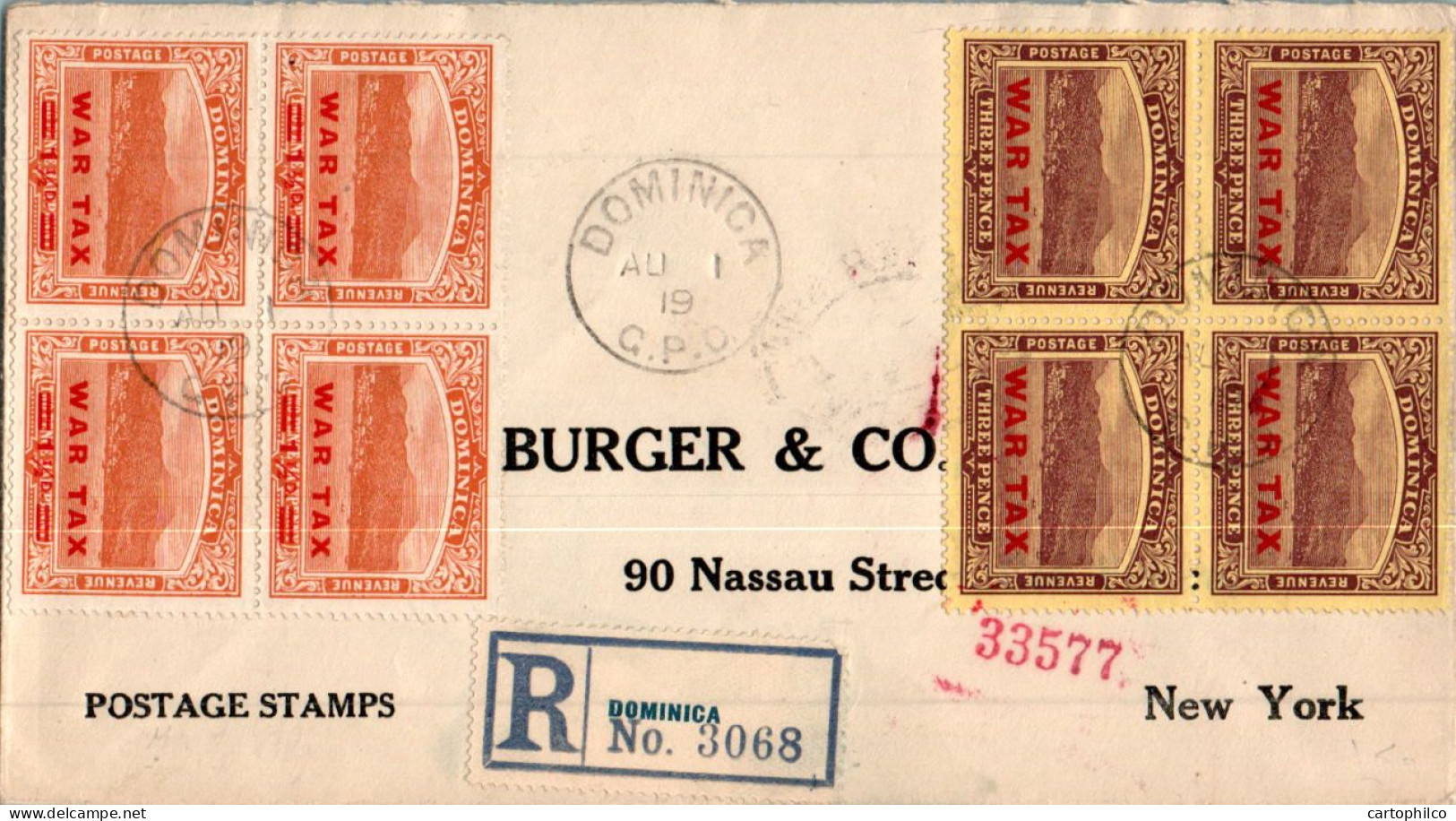 Dominica Cover 2 Blocks Of 4 WAR TAX Cancel For Burger Nassaut Street New York US 1919 - Dominique (...-1978)