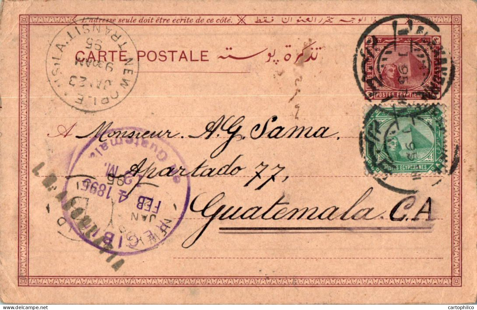 Egypt Postal Stationery 1895 Alexandria Cancellation For Guatemala - 1866-1914 Khédivat D'Égypte