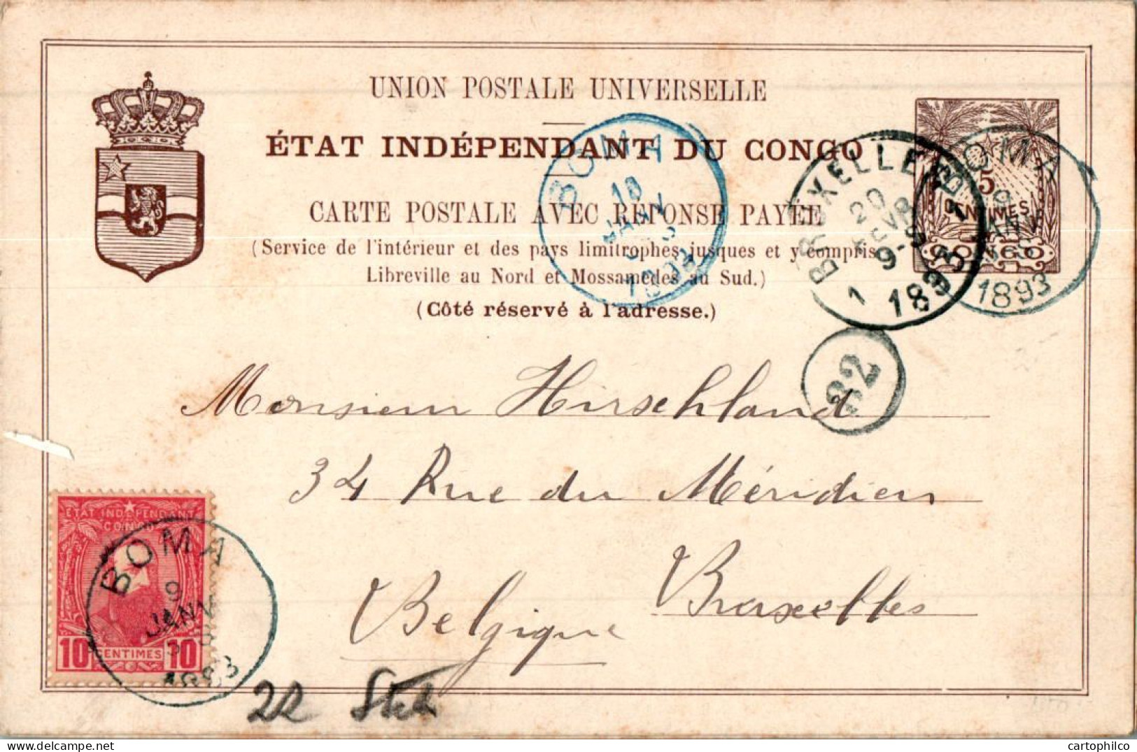 Congo Entier Postal + 10c Obli BOMA 1893 Pour Bruxelles - Entiers Postaux