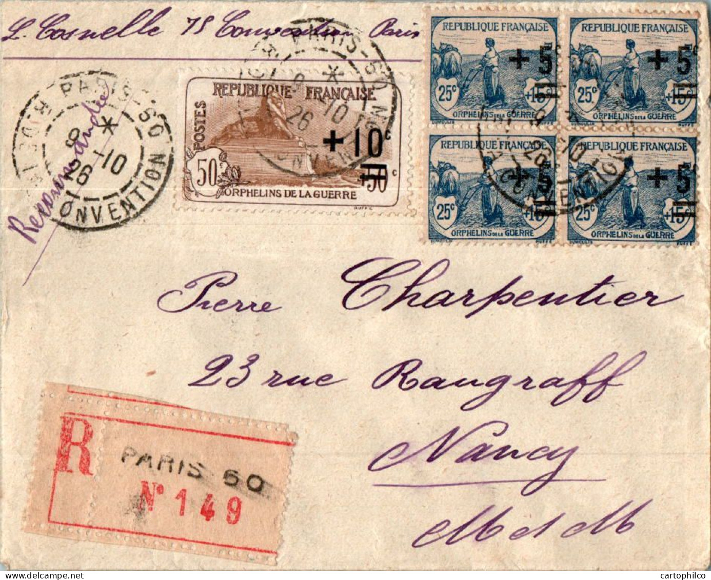 France Lettre Avec Bloc De 4 Orphelins De Guerre + Lion De Belfort 1926 Pour Nancy - Covers & Documents