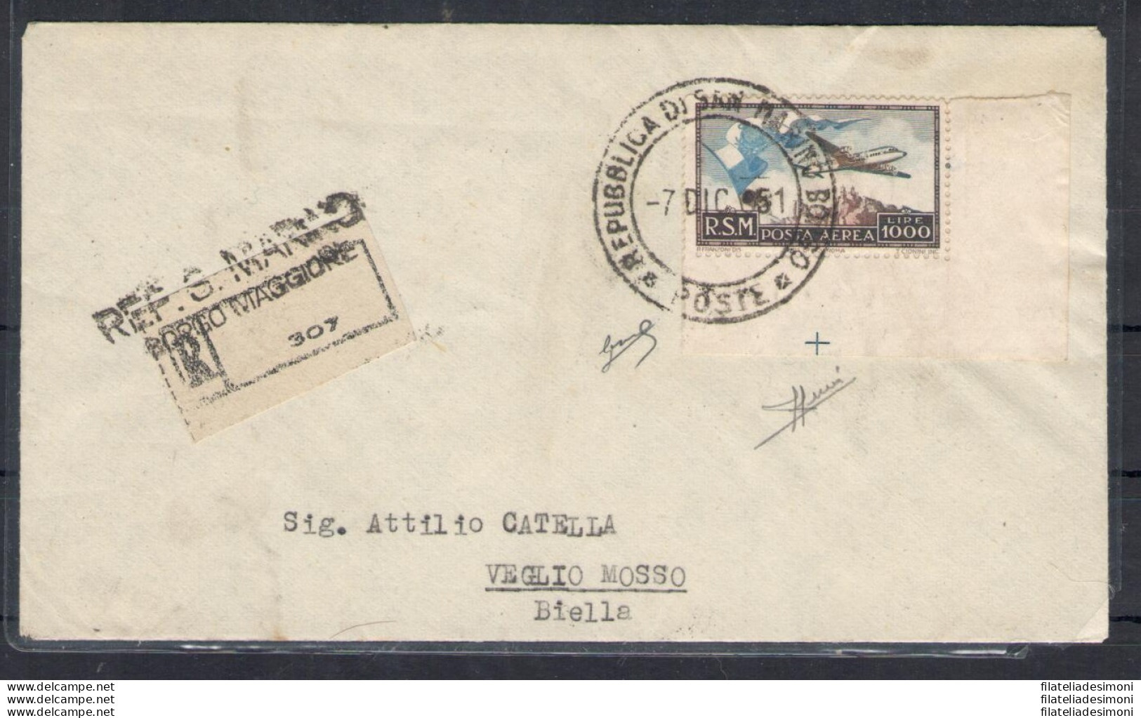 1951 SAN MARINO, Posta Aerea N. 99 -1.000 Lire Bruno E Celeste - Bandiera E Veduta Su Busta Da San Marino Borgo A Veglio - Autres & Non Classés