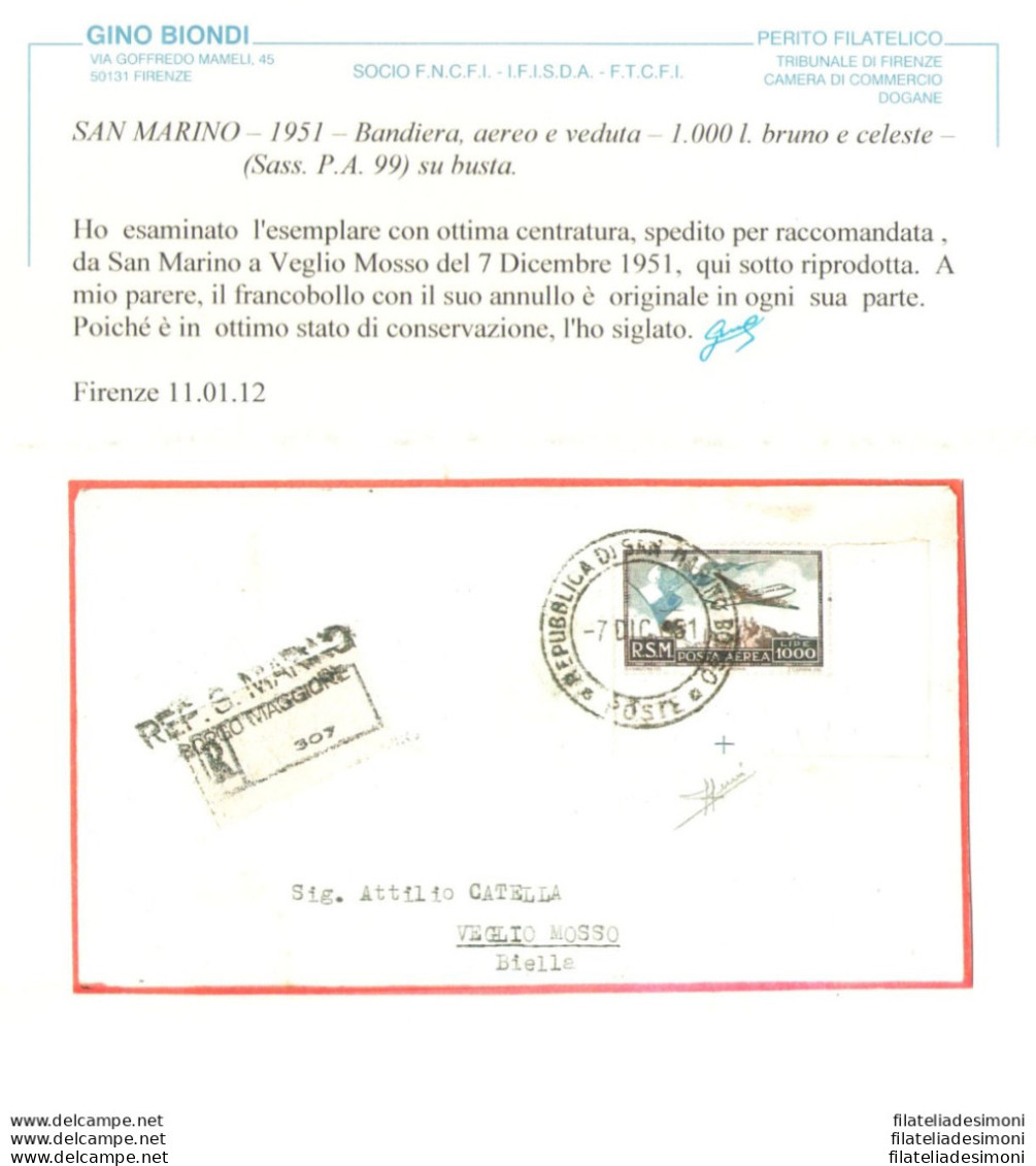 1951 SAN MARINO, Posta Aerea N. 99 -1.000 Lire Bruno E Celeste - Bandiera E Veduta Su Busta Da San Marino Borgo A Veglio - Autres & Non Classés