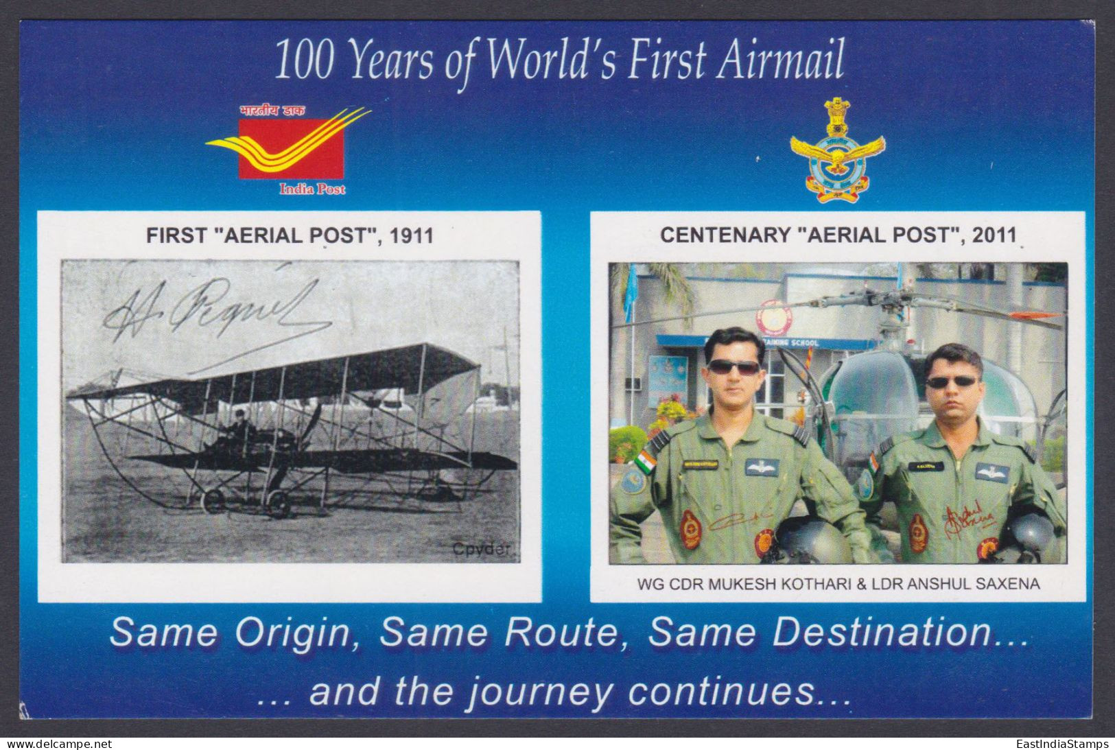 Inde India 2011 Mint Postcard World's First Airmail, Biplane, Helicopter, Indian Air Force, Aerial Post, Aeroplane - India