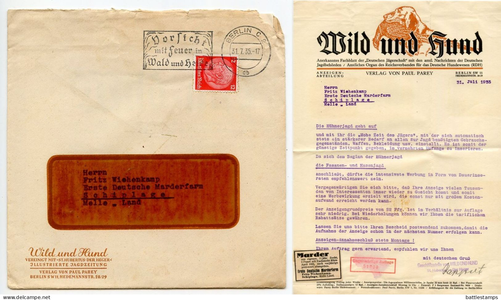 Germany 1935 Cover & Letter; Berlin - Wild Und Hund To Schiplage; 12pf. Hindenburg; Be Careful With Fire Slogan Cancel - Brieven En Documenten