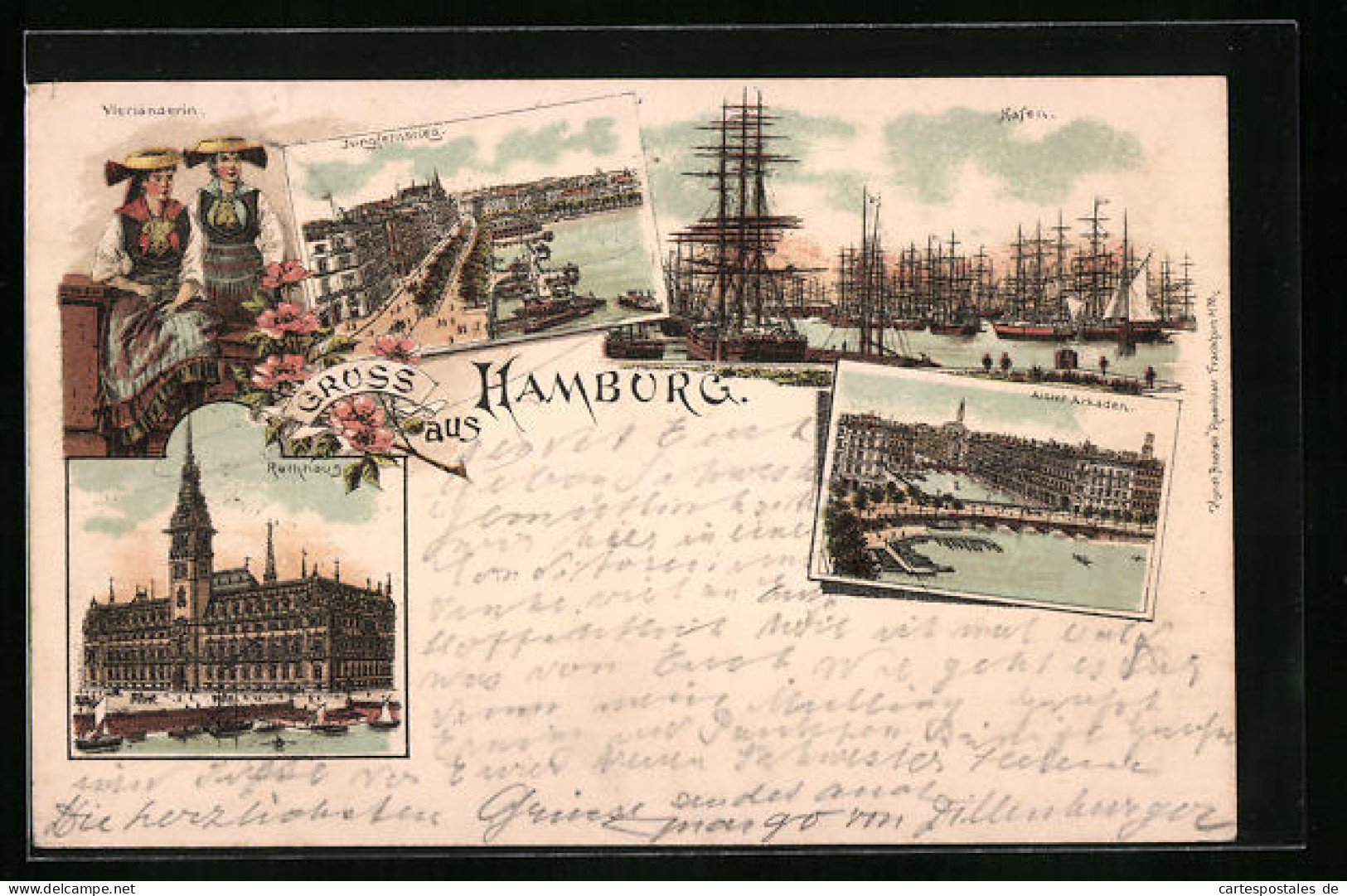Lithographie Hamburg, Hafen Mit Segelschiffen, Rathaus, Frauen In Tracht  - Mitte