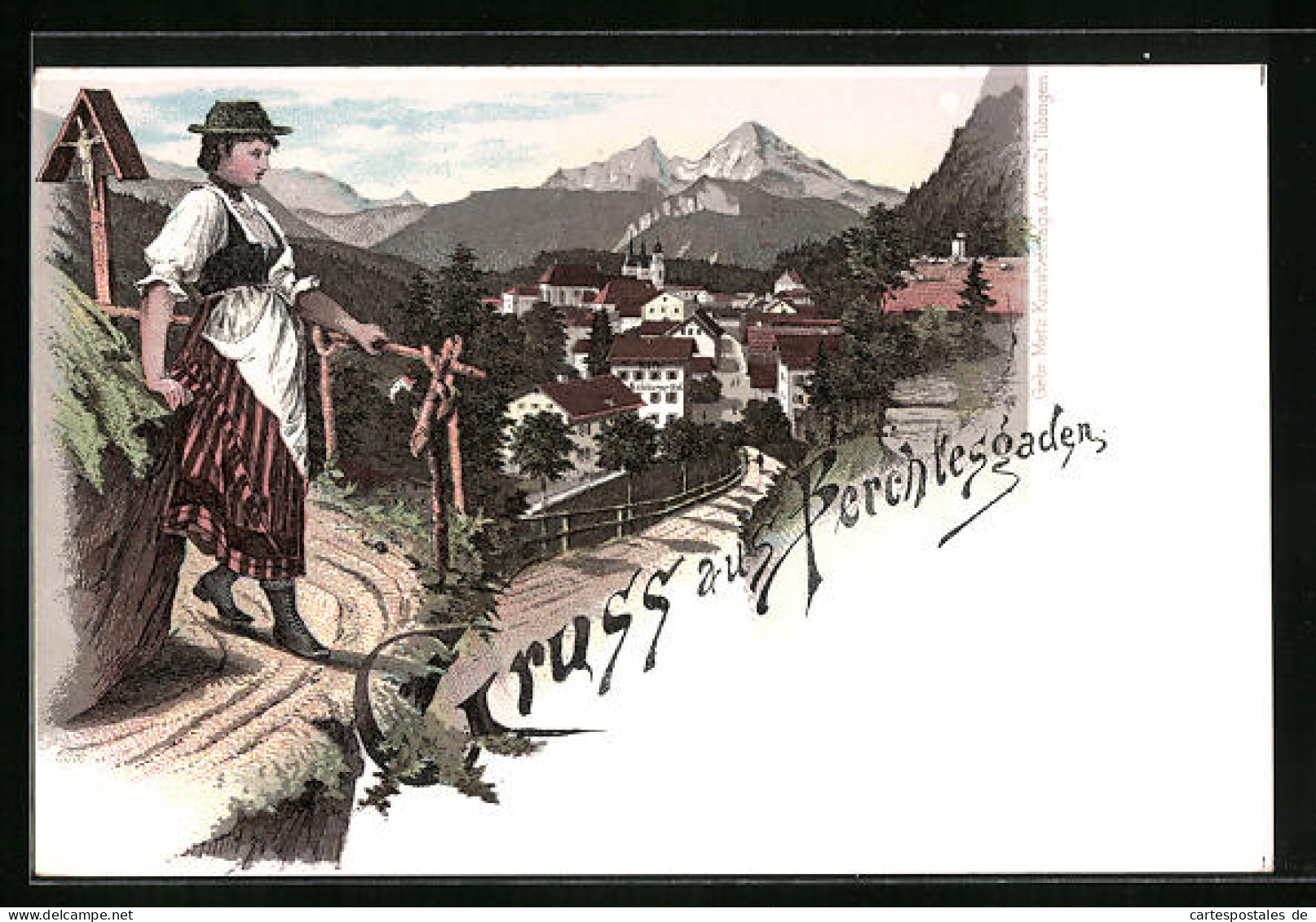 Lithographie Berchtesgaden, Ortsansicht Mit Kirche Und Dame In Tracht  - Berchtesgaden