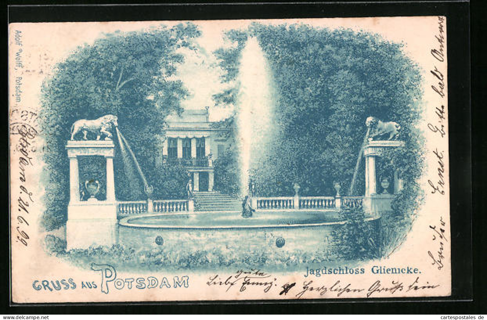 Lithographie Potsdam, Jagdschloss Glienicke Mit Brunnen  - Chasse