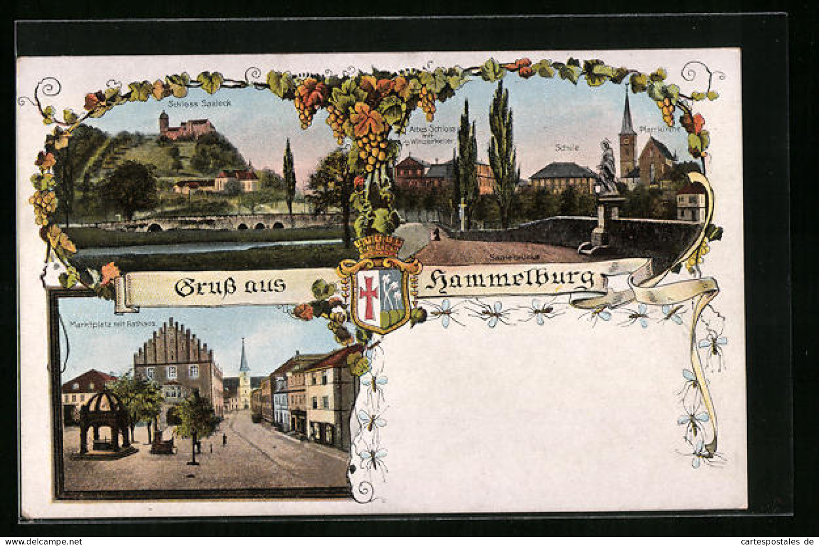AK Hammelburg, Marktplatz Mit Rathaus, Scloss Saaleck, Wappen  - Hammelburg