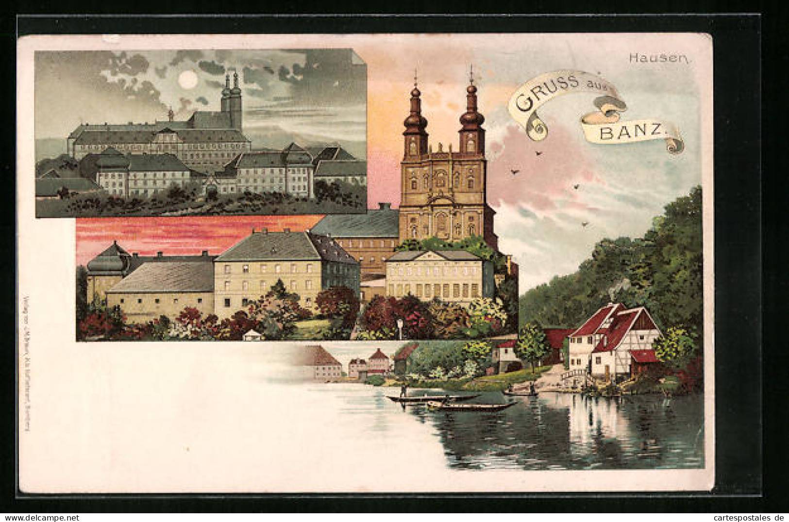 Lithographie Bad Staffelstein, Schloss Banz, Wasserpartie, Ortsansicht Bei Vollmond  - Staffelstein