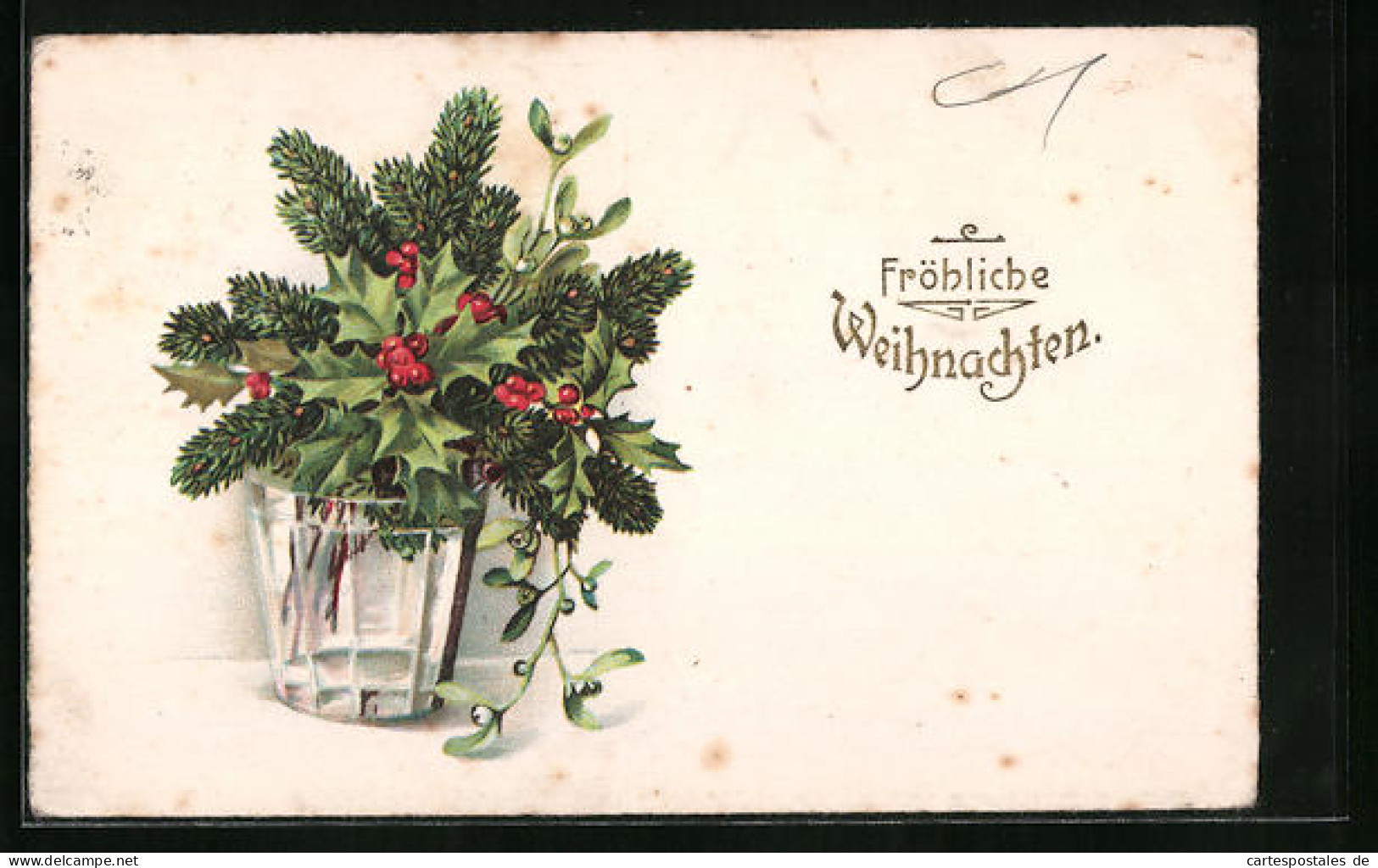 Lithographie Fröhliche Weihnachten, Stechpalmen- Und Tannenzweige  - Other & Unclassified