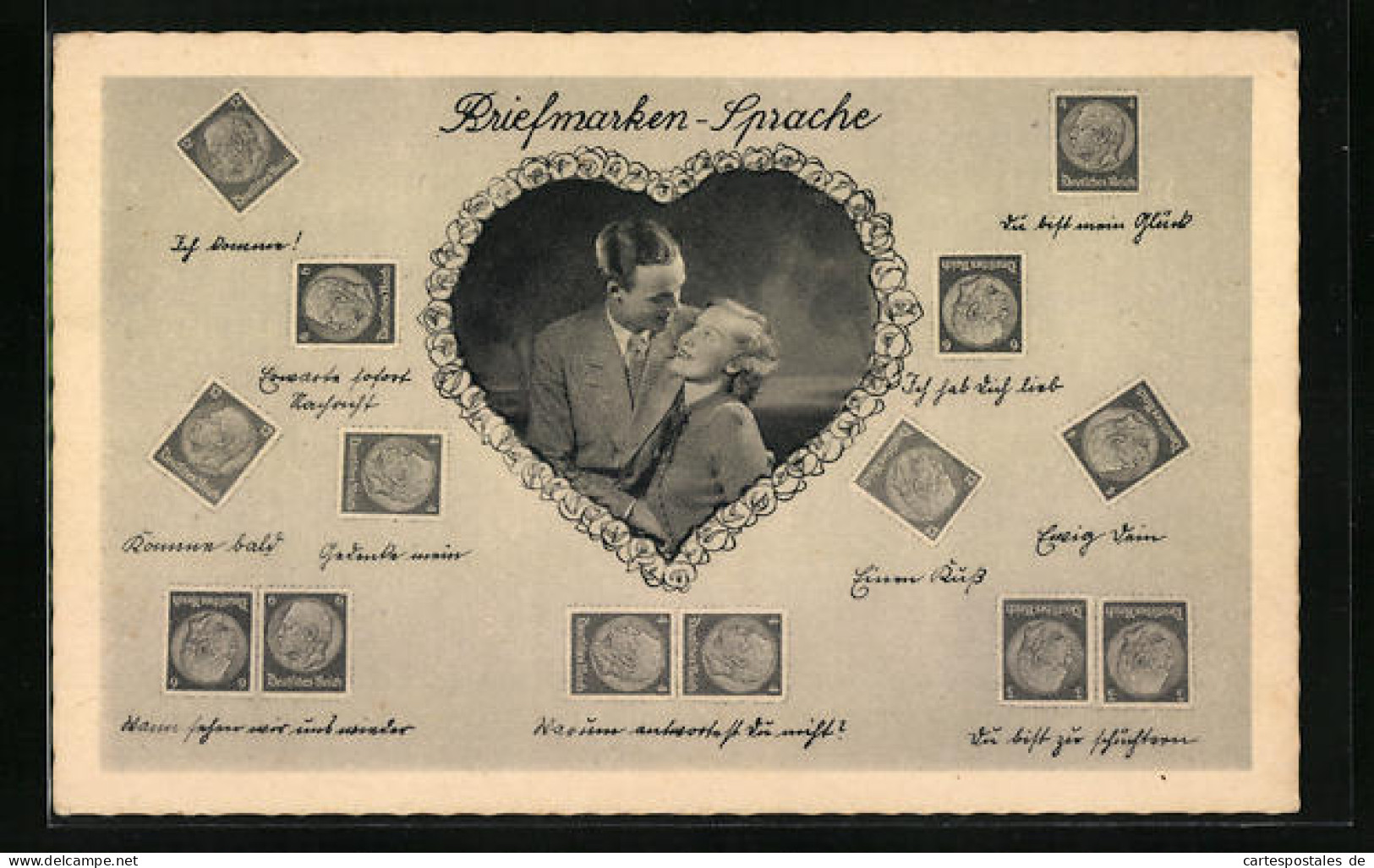AK Briefmarkensprache Mit Verliebtem Pärchen Und Verschiedenen Botschaften  - Briefmarken (Abbildungen)