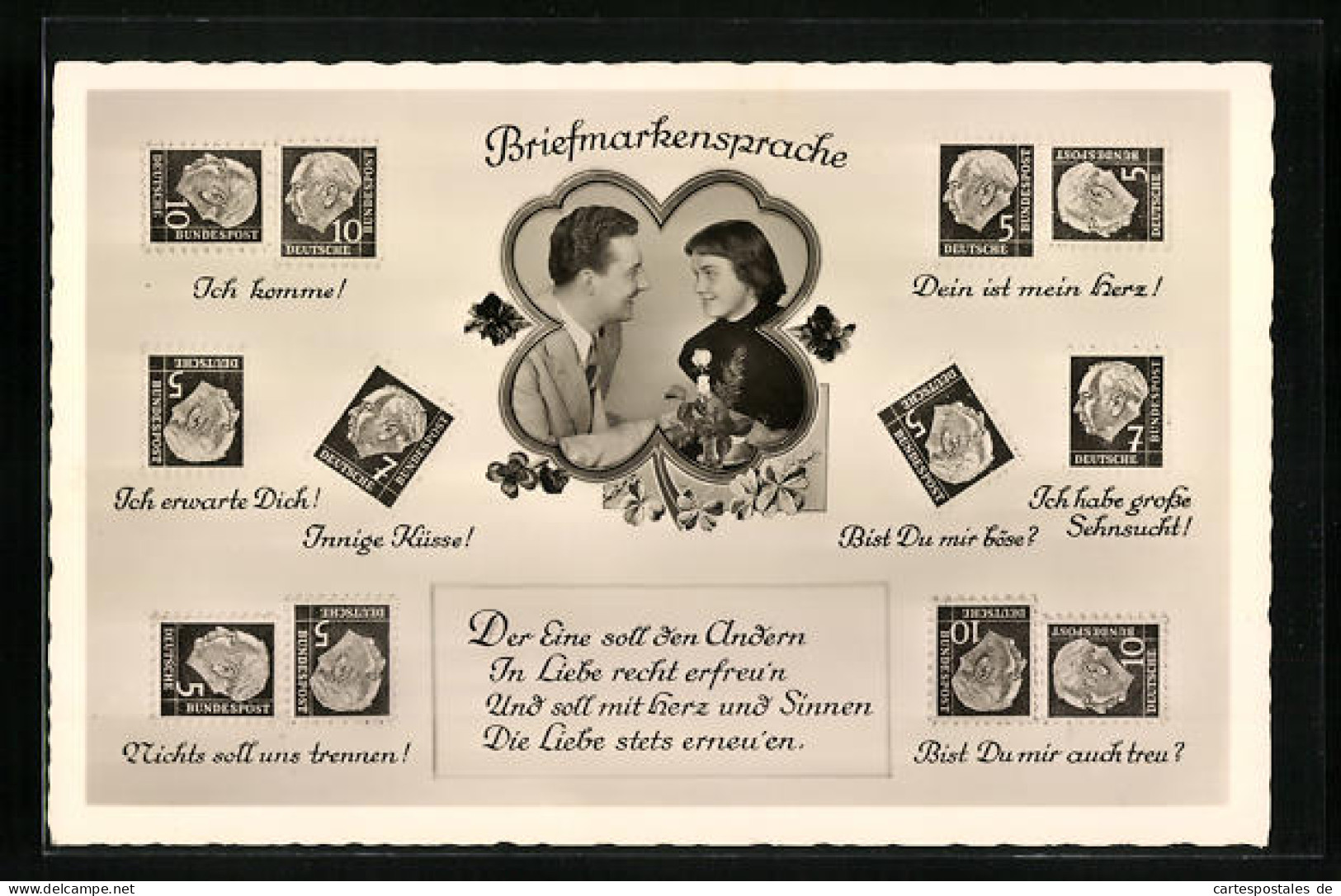 AK Briefmarkensprache Mit Verliebtem Paar Und Blumen  - Briefmarken (Abbildungen)