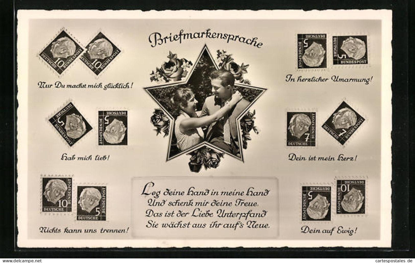 AK Briefmarkensprache Mit Sich Umarmendem Paar Und Liebesgedicht  - Stamps (pictures)