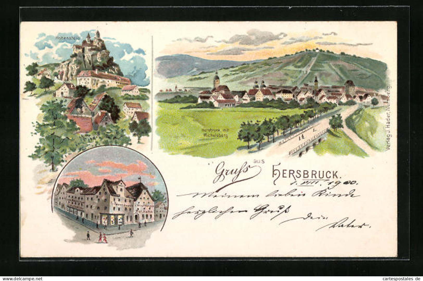 Lithographie Hersbruck, Burg Hohenstein, Ortsansicht Mit Michelsberg, Strassenpartie Mit Passanten  - Hersbruck