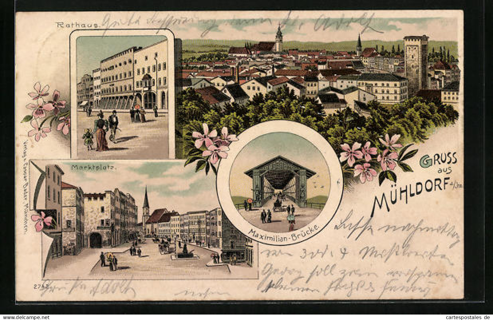 Lithographie Mühldorf A. Inn, Rathaus, Marktplatz, Maximilianbrücke, Totalansicht  - Muehldorf
