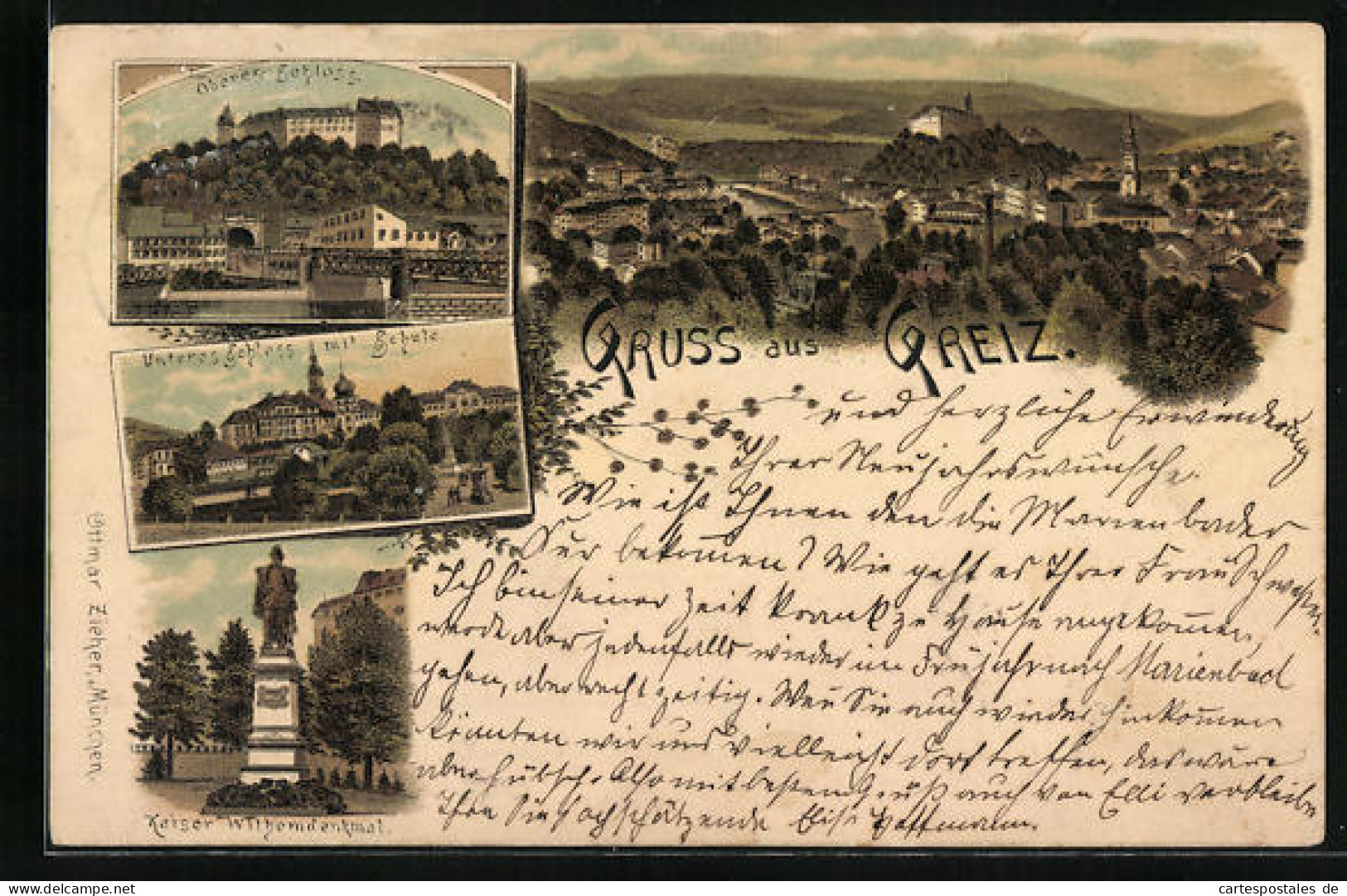 Lithographie Greiz, Ortsansicht Aus Der Vogelschau, Oberes Und Unteres Schloss  - Greiz