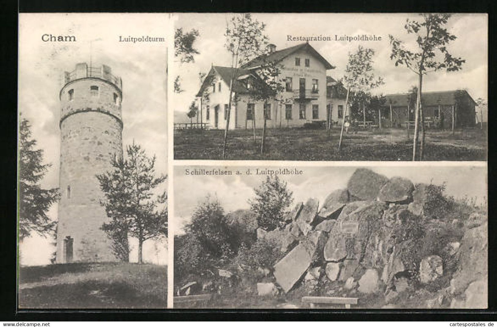 AK Cham, Restauration Luitpoldhöhe, Luitpoldturm, Schillerfelsen  - Cham