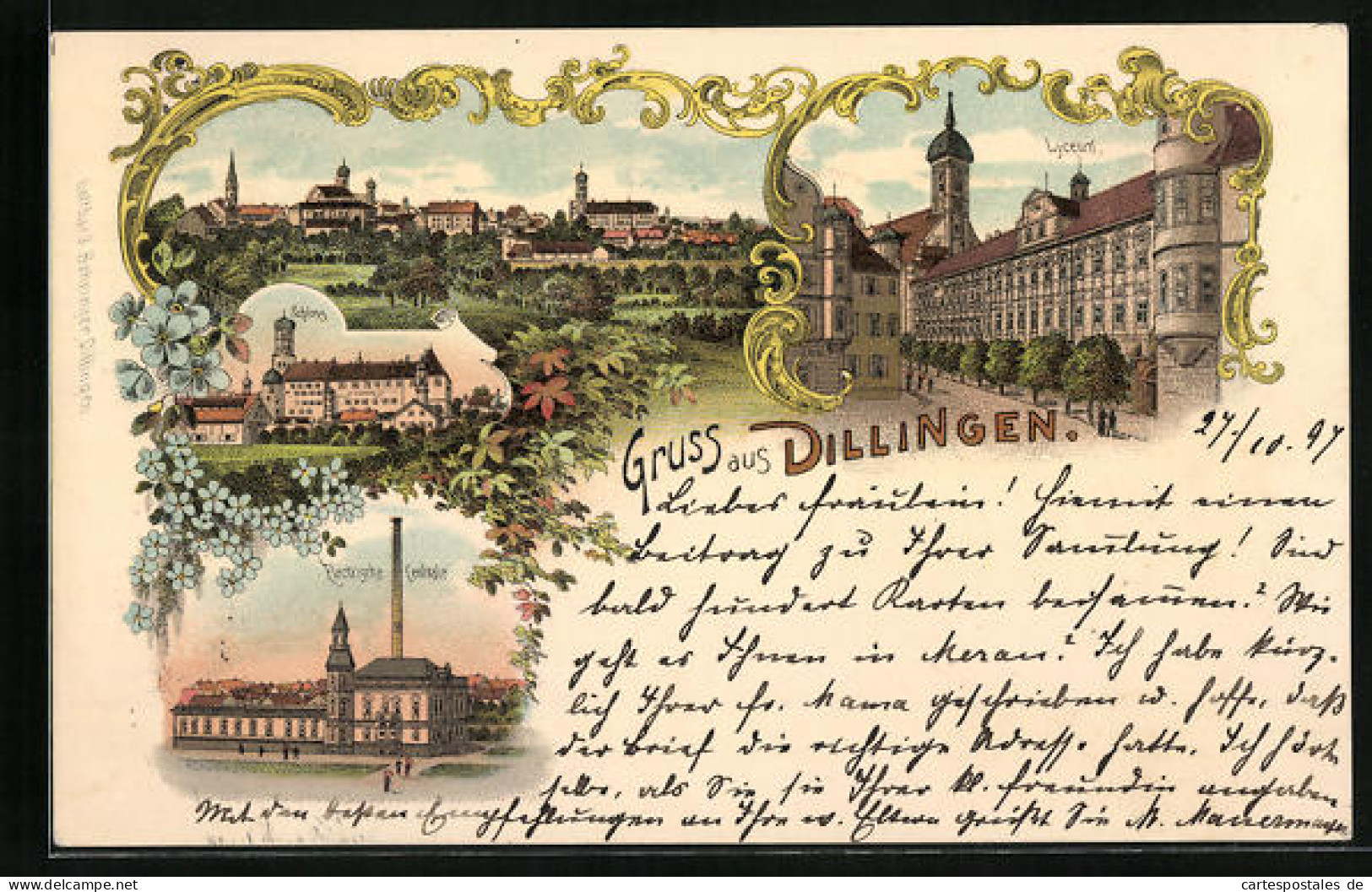 Lithographie Dillingen, Lyceum, Electrische Centrale, Ortsansicht  - Dillingen