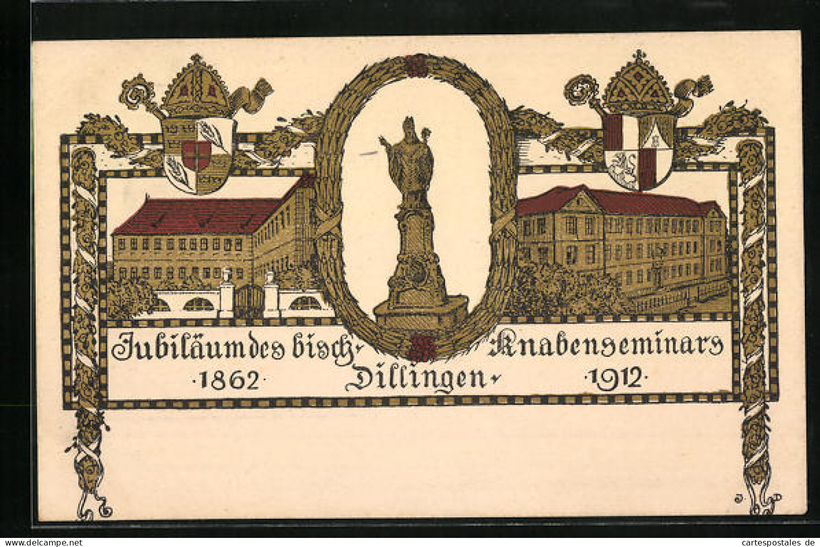 Künstler-AK Dillingen, Jubiläum Des Bischöflichen Knabenseminars 1912 - Statue, Gebäude, Wappen, Ornamente  - Dillingen