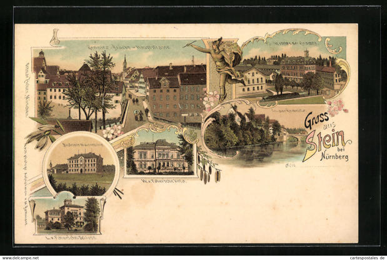 Lithographie Stein B. Nürnberg, Distrikts-Waisenhaus, W. V. Fabersche Villa, Rednitz-Brücke Und Hauptstrasse  - Nuernberg