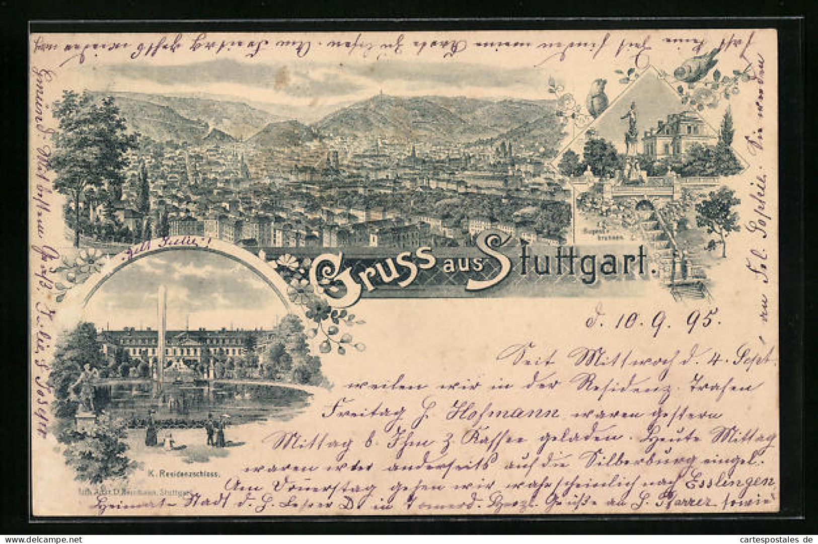 Vorläufer-Lithographie Stuttgart, 1895, Gesamtansicht Aus Der Vogelschau, Eugensbrunnen, K. Residenzschloss  - Stuttgart