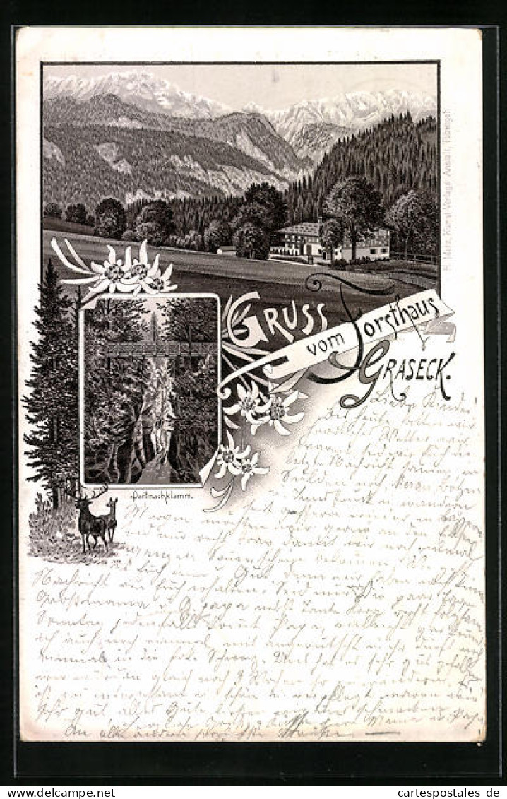 Vorläufer-Lithographie Graseck, 1895, Forsthaus Graseck, Partnachklamm  - Jacht