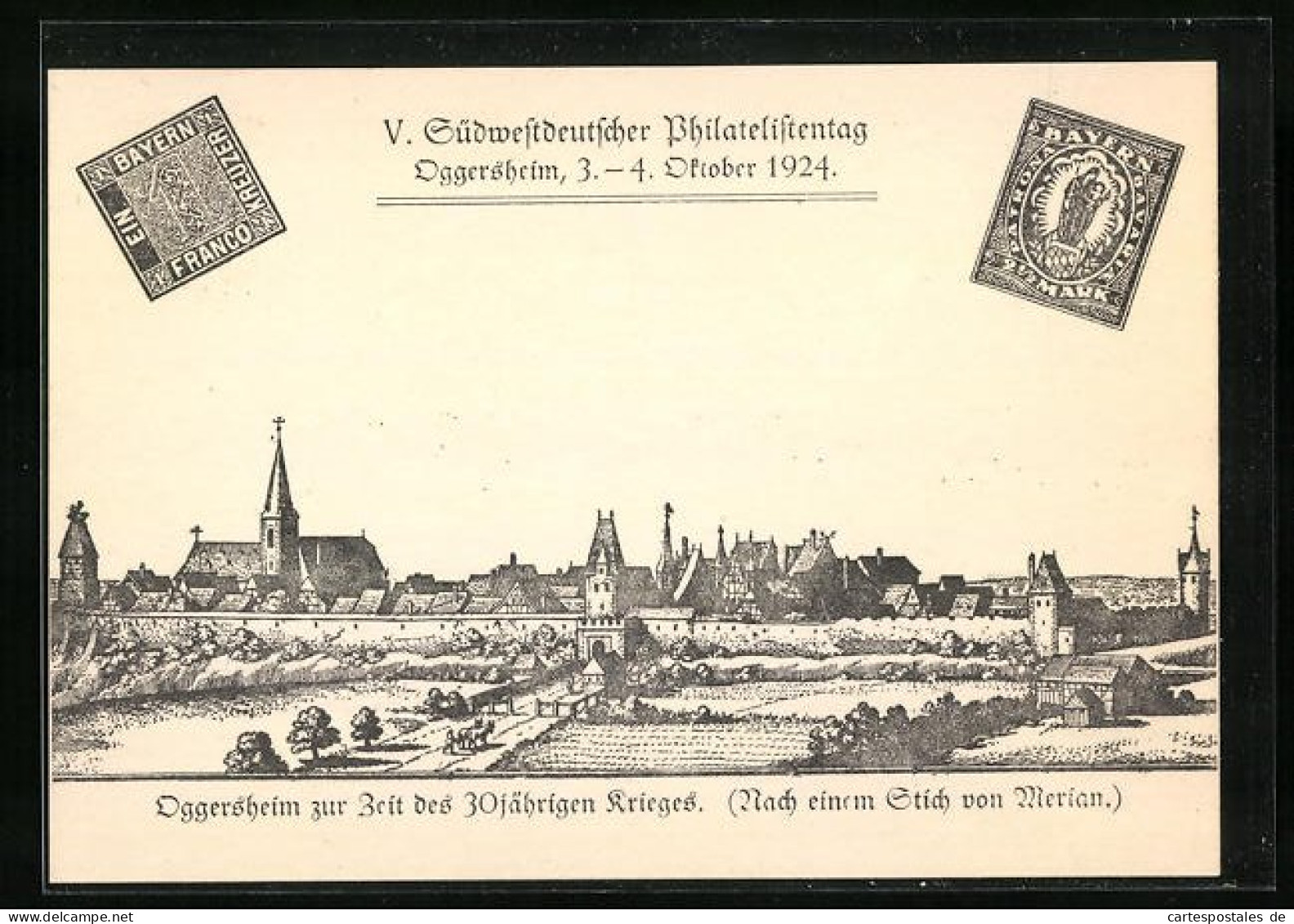 Künstler-AK Oggersheim, V. Südwestdeutscher Philatelistentag 1924, Teilansicht, PP 88 C 7 /01, Ganzsache  - Timbres (représentations)