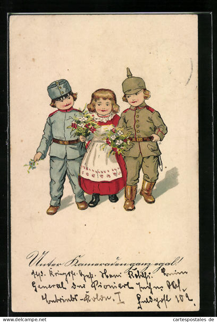 AK Drei Kinder, Zwei In Uniform Als Soldat, Kinder Kriegspropaganda  - War 1914-18