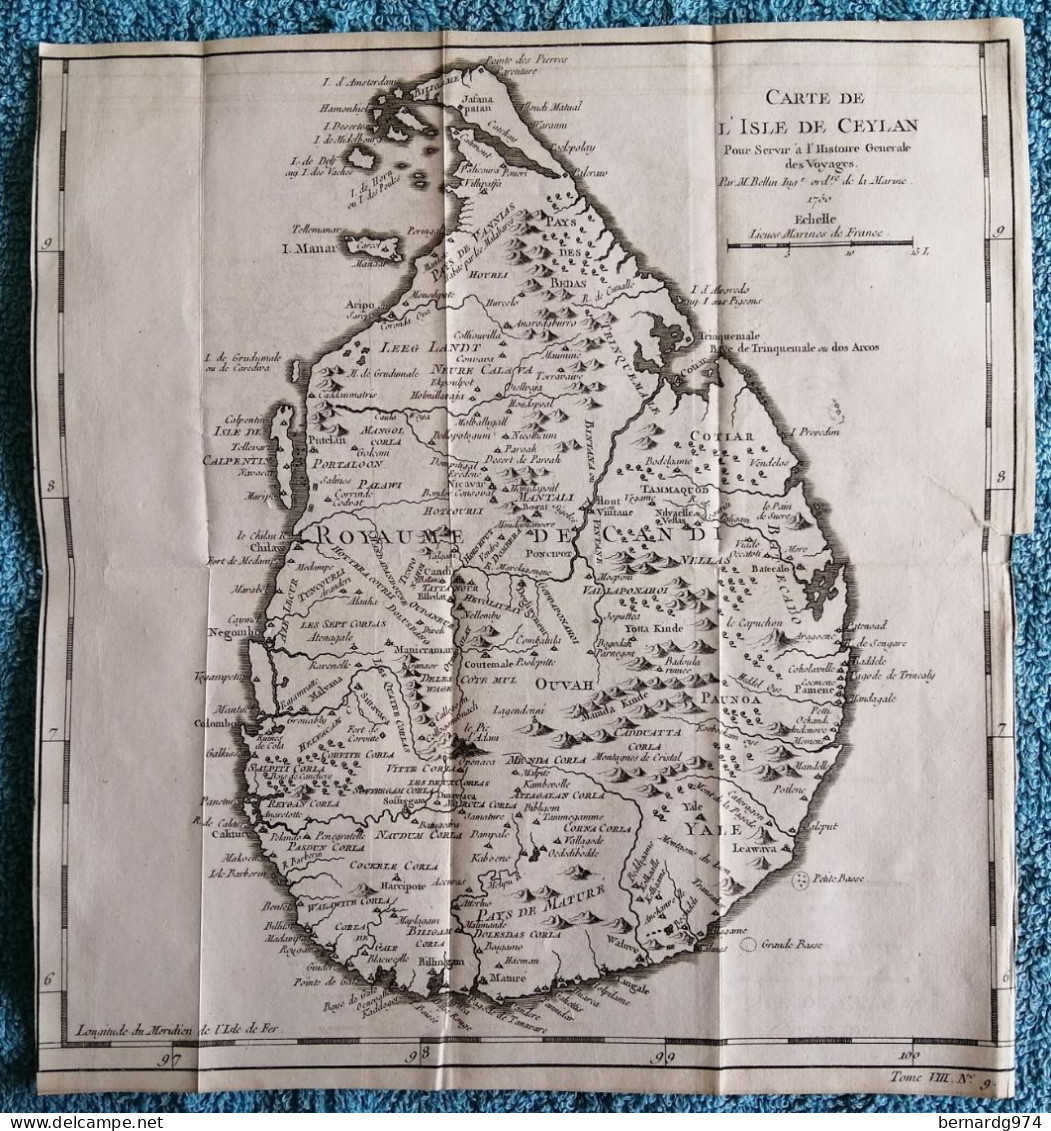 Sri Lankā : Antique Map Abbé Prévost « Carte De L’Isle De Ceylan » (1750) - Carte Geographique