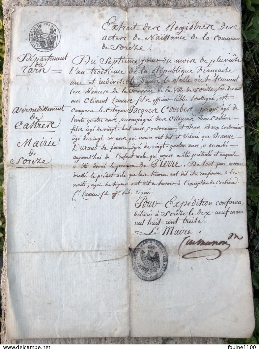 Année 1813 Acte De Naissance De La Commune De SOREZE 81 Tarn Signé Par Le Maire - Historical Documents