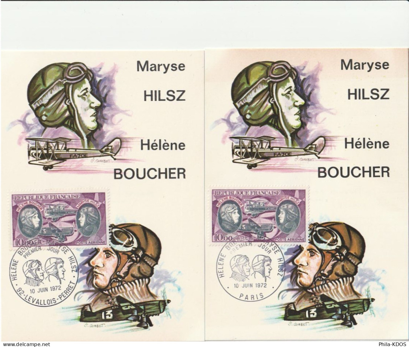 " HELENE BOUCHEZ / MARYSE HILSZ "  Sur Lot De 2 Cartes Maximum De 1972. N° YT PA 47. Parfait état. CM à Saisir !!! - Avions