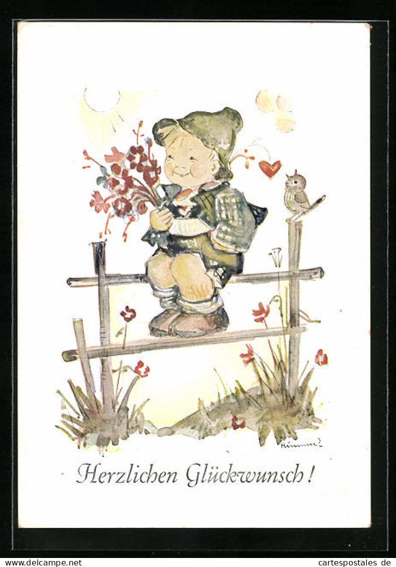 Künstler-AK Hummel: Junge Mit Blumen Sitzt Auf Dem Zaun, Glückwunsch  - Hummel