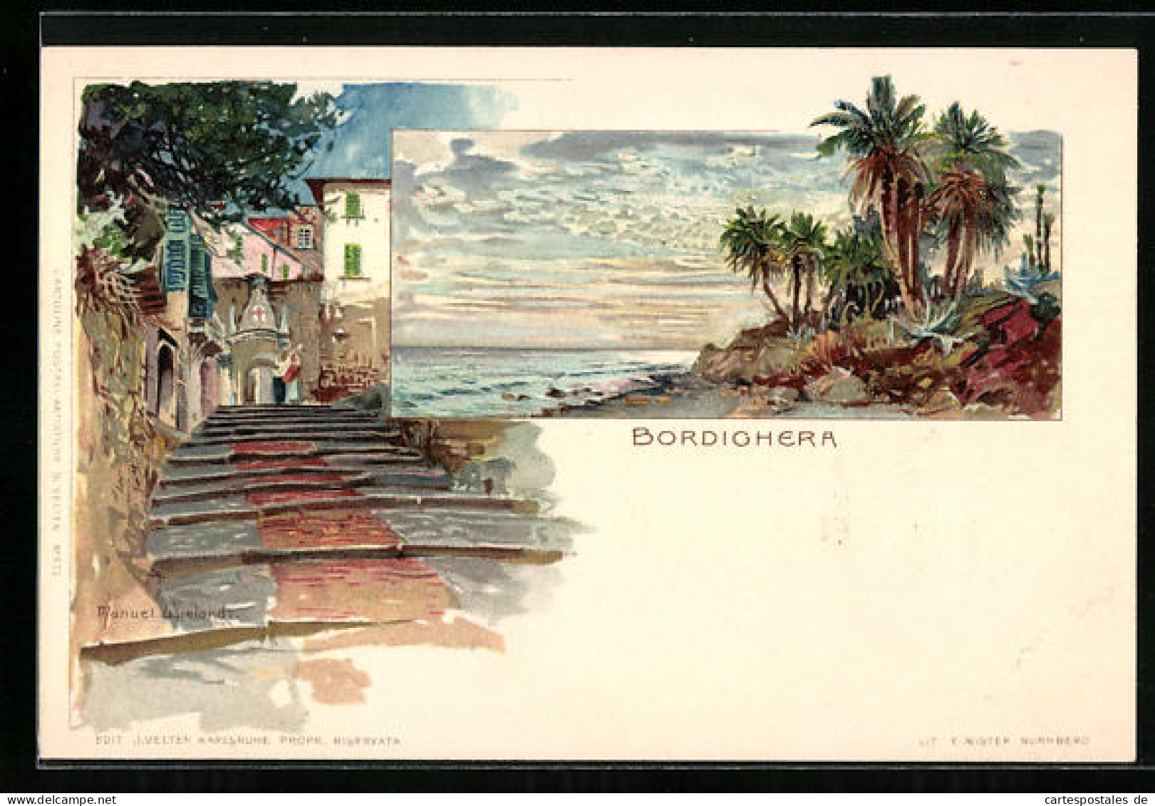 Artista-Cartolina Manuel Wielandt: Bordighera, Treppe Hinauf In Die Stadt Und Palmen Am Strand  - Other & Unclassified