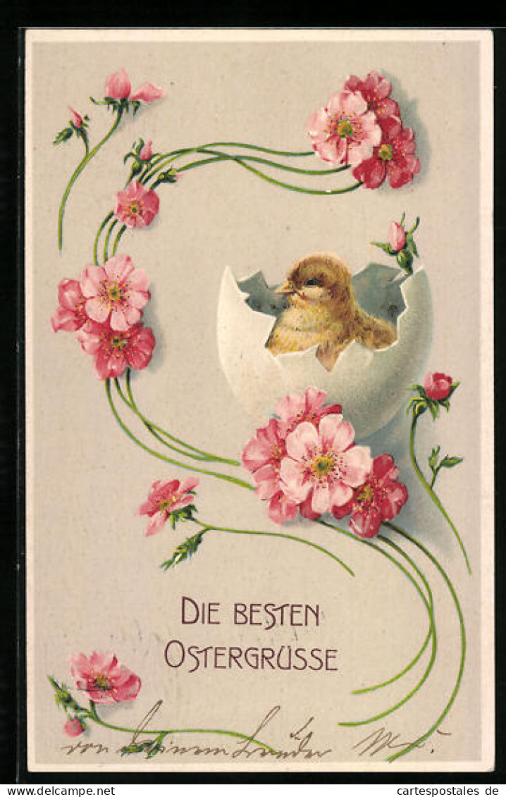 AK Osterküken Schlüpft Aus Dem Ei, Blüten-Motiv  - Easter