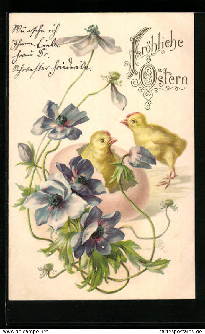 AK Osterküken Mit Blüten  - Pâques