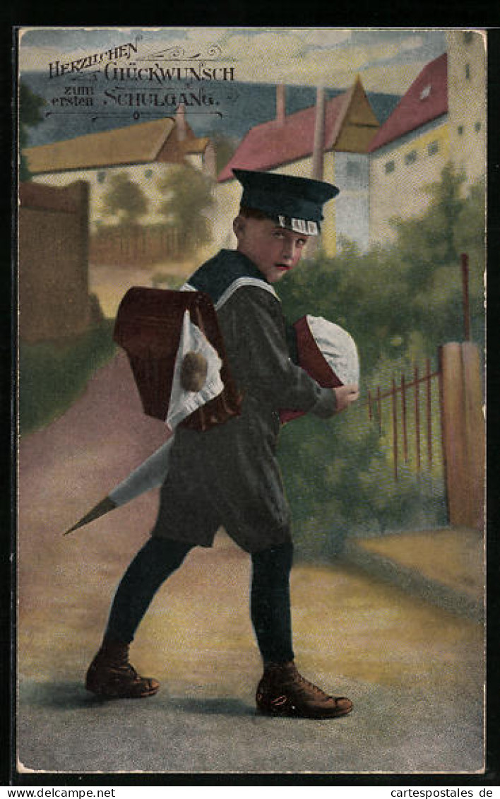 AK Junge Mit Schirmmütze Und Schultüte Zum Schulanfang  - Einschulung