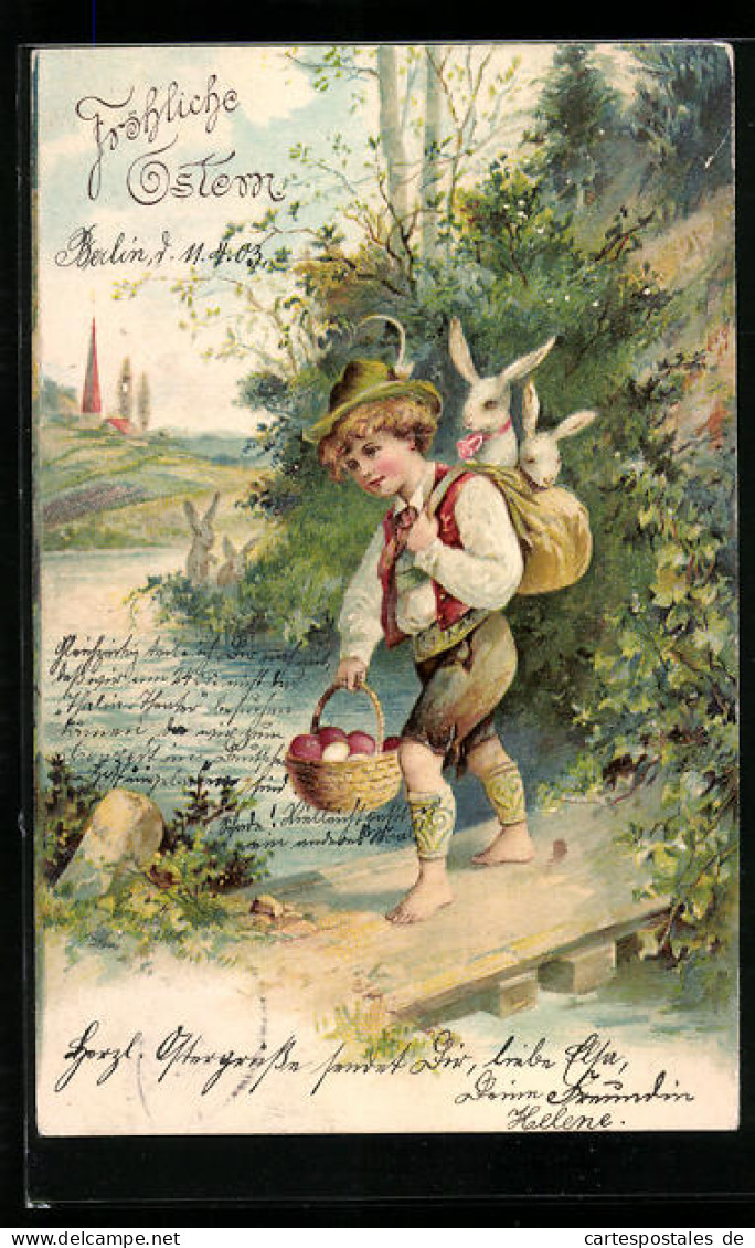 AK Junge In Tracht Mit Osterhasen  - Easter
