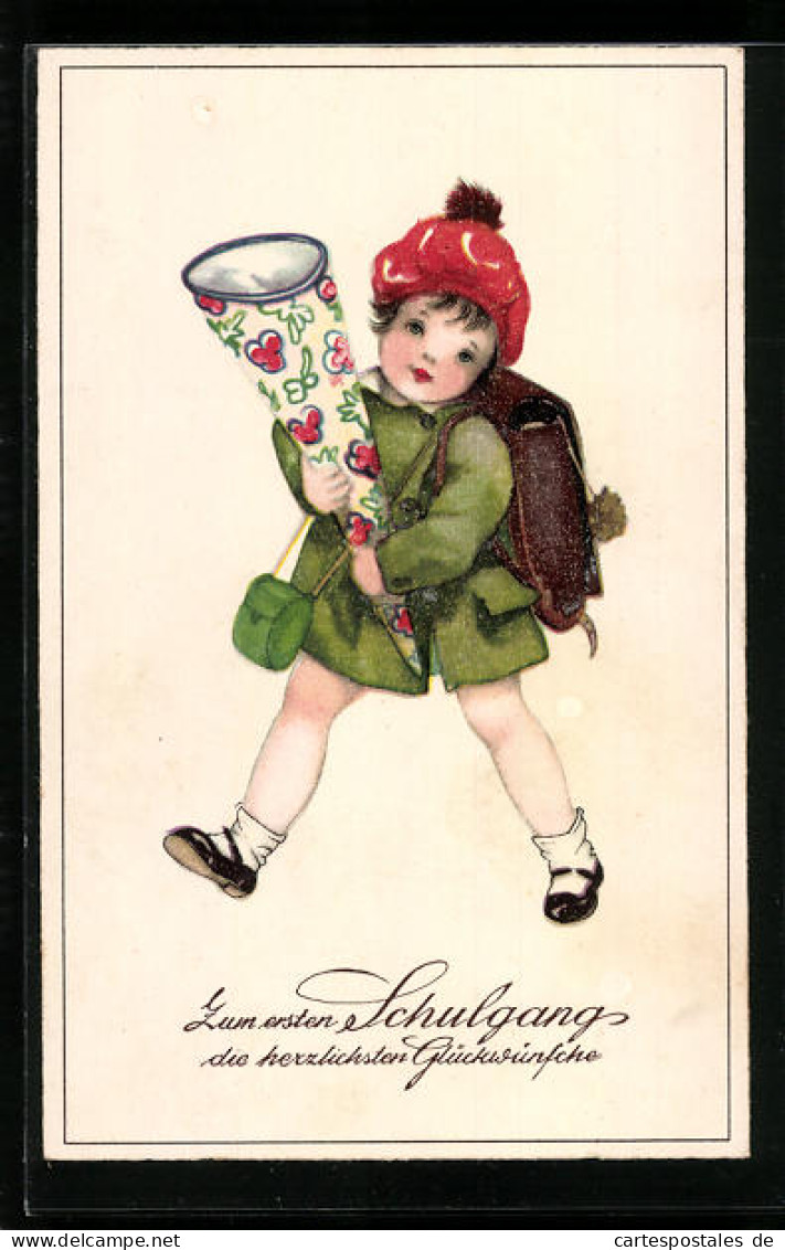 AK Kleines Mädchen Mit Schulranzen Und Zuckertüte  - Einschulung