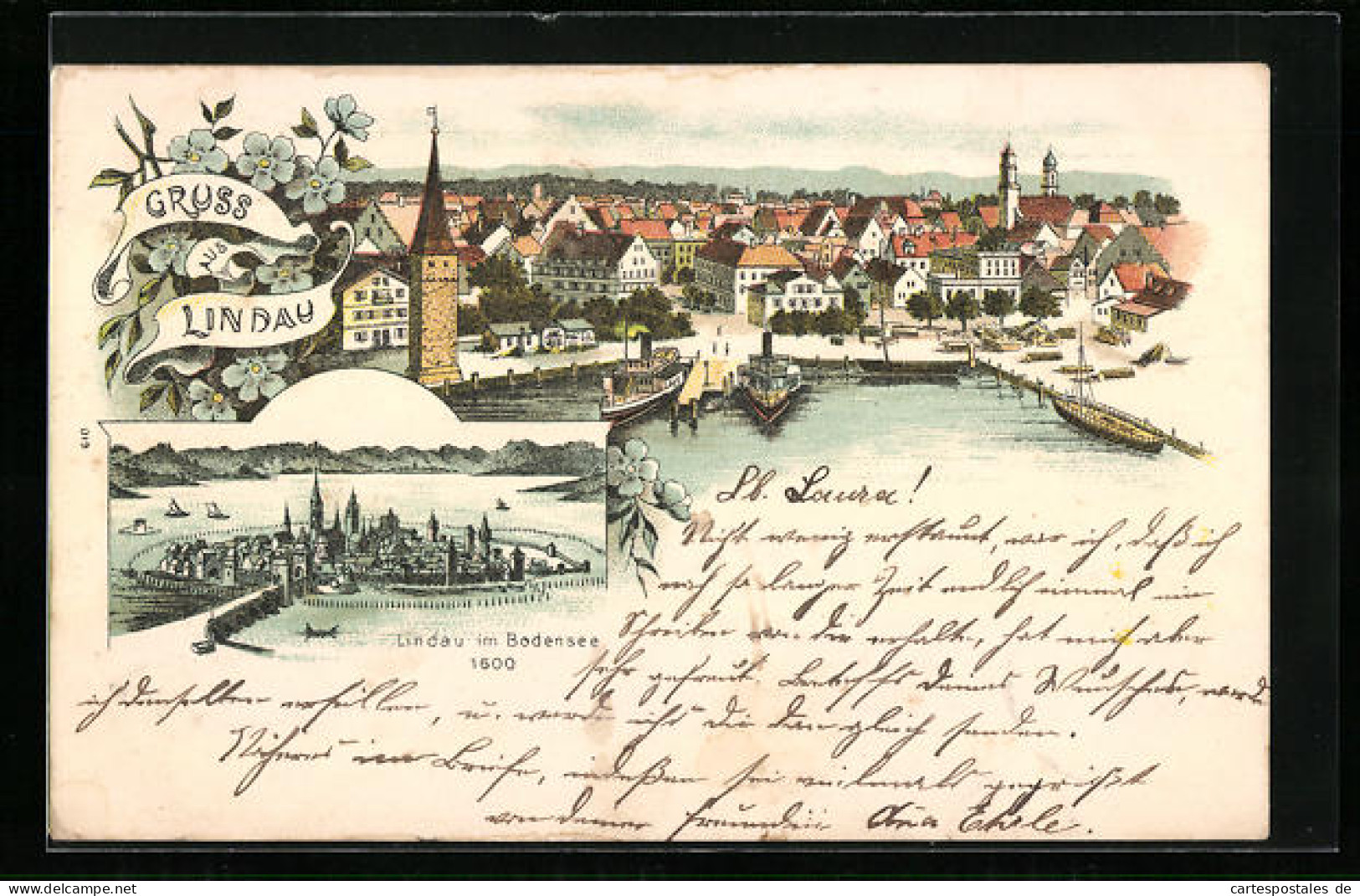Lithographie Lindau I. B., Teilansicht Und Gesamtansicht Um 1600  - Lindau A. Bodensee
