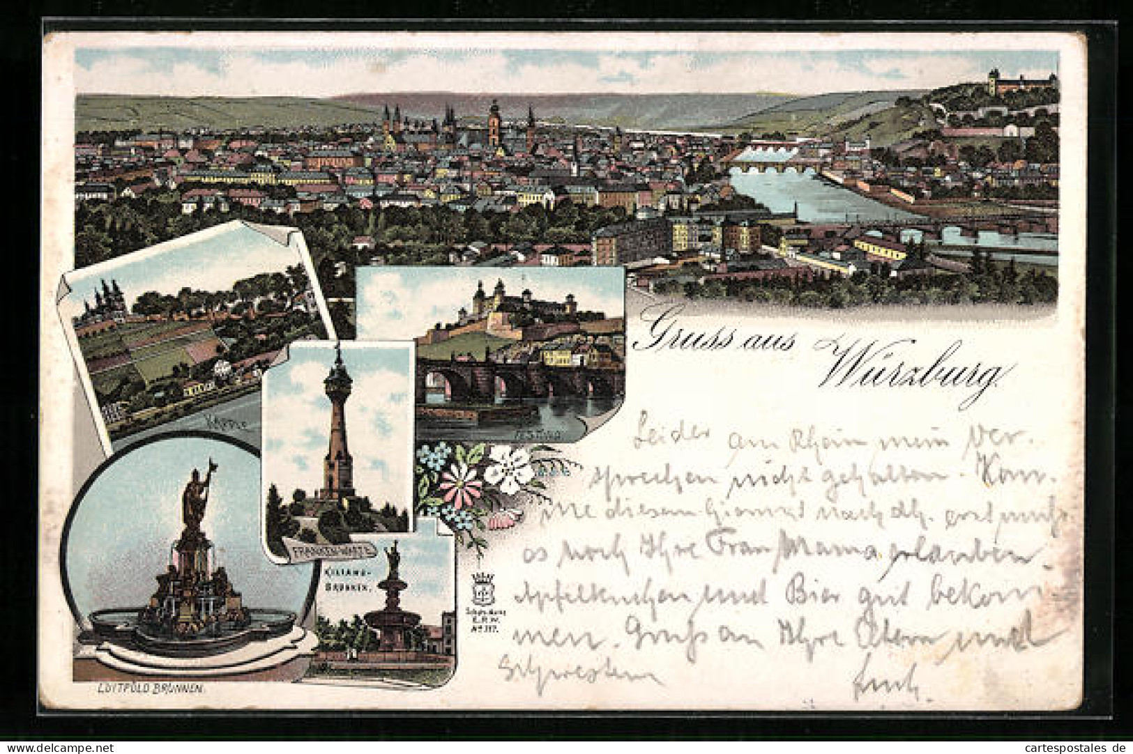 Lithographie Würzburg, Luitpoldbrunnen, Frankenwarte, Festung, Käpple, Ortsansicht  - Wuerzburg