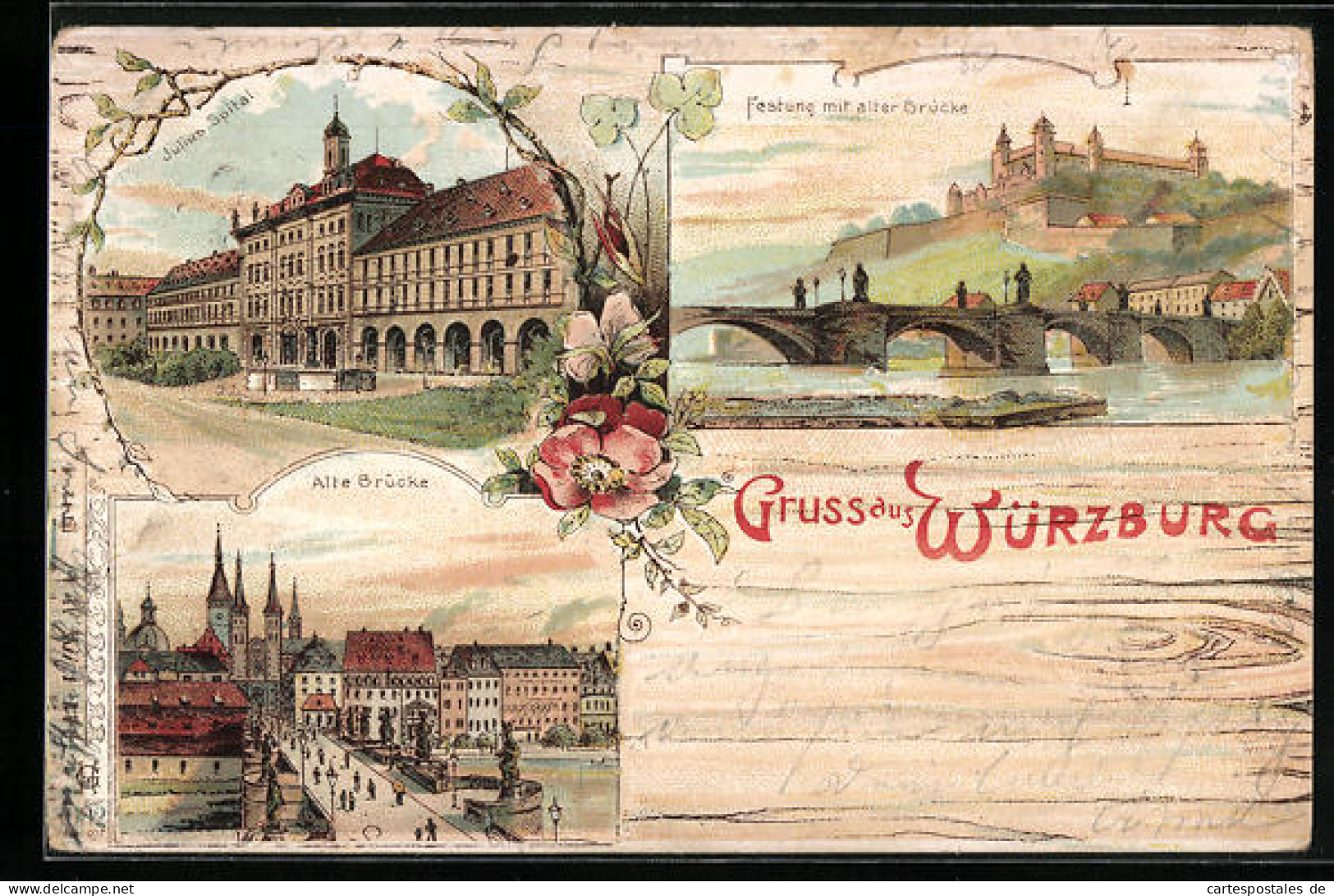 Lithographie Würzburg, Alte Brücke, Julius Spital, Festung Mit Alter Brücke  - Wuerzburg